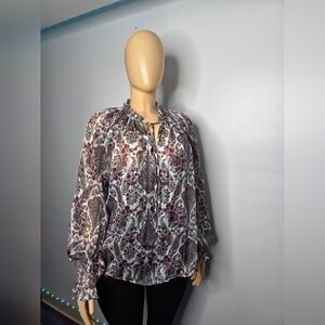 H&M White Paisley Tie-Neck Blouse with Burgundy Accents Size US/8